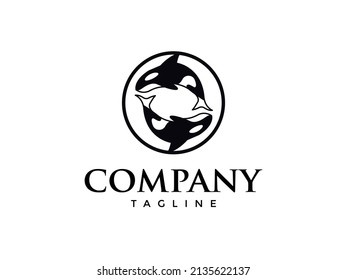double two orca killer whale upside down mirror rotate rotation balance black and while logo design vector template for business brand branding company