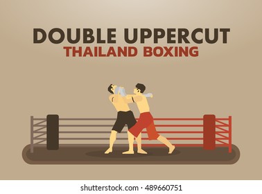 Double Uppercut,Thailand Boxing Pose on stage  Vector flat design art