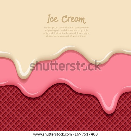 Double Vanilla milk and strawberry ice cream melted on chocolate waffle cone background collection