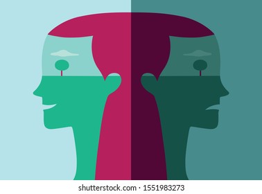 Double vector profile portrait young woman seen in two opposite moods  happy   sad