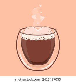 Double wall cup of hot chocolate with heart-shaped cookie. Valentine's day greeting card.