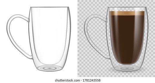 Double wall glass mug mockup isolated on white background. Transparent cup full with coffee and empty. Vector realistic 3d mock up.