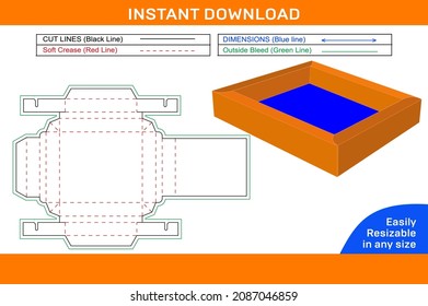 Double wall tray box dieline template, tray box 3D design and editable easily resizeable