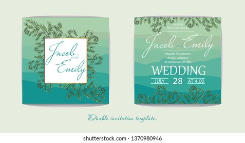 double wedding invitation. the background gradient color of a sea wave. Romantic card. Postcard for your design. All elements are isolated and editable. Delicate style with vegetation and green twigs.