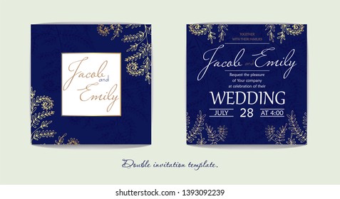 Double wedding invitation in blue. The pattern is delicate on a noble background. Delicate and light pattern. Unobtrusive plant texture. A card for your celebration. available for editing.