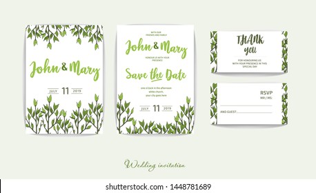 Invitación matrimonial con vegetación en estilo rústico. Diseño ligero. Las ramas verdes sobre fondo blanco para sus vacaciones. Romántico escenario del evento.