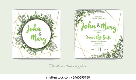 Double wedding invitation with greenery in rustic style. Lightweight design. Green twigs on white background for your holiday. Romantic set for the event.