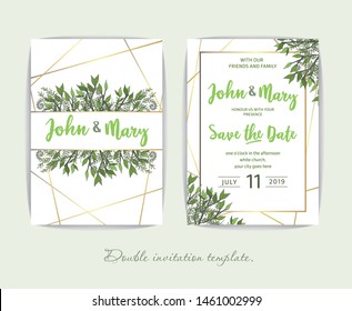 Double wedding invitation with greenery in rustic style. Lightweight design. Green twigs on white background for your holiday. Romantic set for the event.