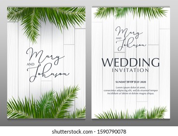 Double Wedding Invitation with palms on the white wooden background