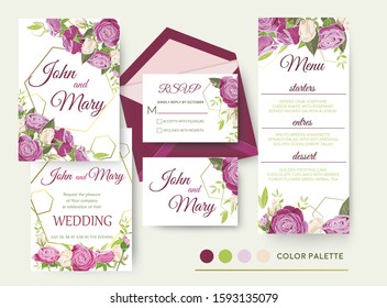 Double wedding invitation. Set of wedding printing decorated with delicate roses and greenery. The design is editable all elements are isolated. Romantic holiday cards.