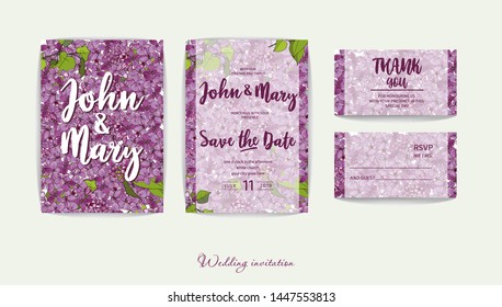 Double wedding invitation. Thank You Card. RSVP. Design with flowers of lilac. Isolated objects for your design. White background. Romantic purple, purple cards.