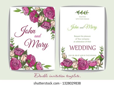 Double wedding invitation vector with flowers. Roses white and red are editable. Elements for the design of a holiday card. Elegant design with leaf and flower details