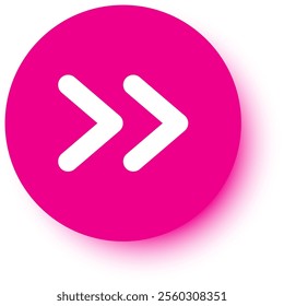 Double white arrow pointing right on pink circle button representing forward, next, play, or fast forward function, ideal for web design, user interface, or graphic design projects