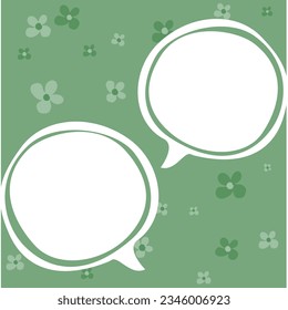Historietas dobles blancas, dibujos animados hablando sobre fondo verde con flores pequeñas