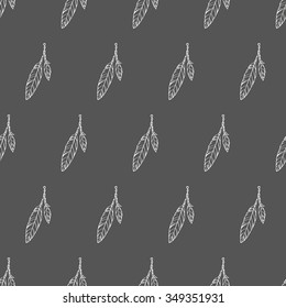Double white line feathers, grey background, hand drawn vector seamless pattern