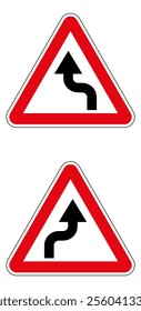 Double winding road sign indicating curves ahead on white background.