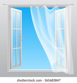 Double window opened outwardly with white fluttering curtain. Vector illustration