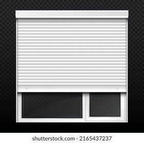 Double window with roller. Closed blinds on window, modern and minimalistic style jalousie. Comfortable sleep, protection from sunlight and streetlights. Realistic isometric vector illustration