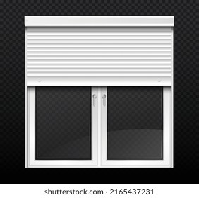 Doble ventana con rodillo. Cinturones semicerrados, protección contra el sol y los rayos. Seguridad y protección. Etapas de la jalousie de la baja. Estilo moderno y minimalista. Ilustración vectorial isométrica realista