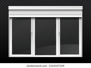 Double window with roller. Windows with blinds and jalousie, reflection and shine. Picture for decorating apartment and office, interior and exterior or facade. Realistic isometric vector illustration