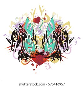 Double winged horse head splashes with red heart. Abstract horse-eagle symbol against red hearts with arrows, red asterisks, gold eagle wings and the floral twirled elements
