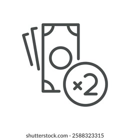 Double Winnings Icon. Thin Line Illustration of Cash and Multiplier Symbol Representing Jackpot and Gambling Success. Isolated Vector Sign.