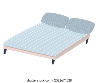 Cama doble de madera de diseño plano para dormitorio, habitación de hotel. Icono de mobiliario de dibujos animados aislado en la cama blanca. Equipamiento residencial para descansar. El elemento interior de la habitación. Cama con sábanas, almohadas y manta