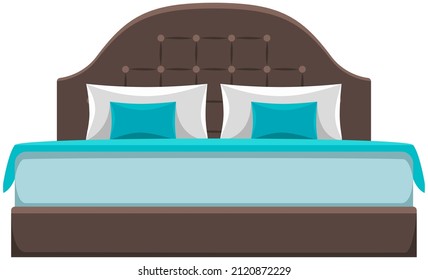 Double Wooden Bed In Flat Design For Bedroom, Hotel Room. Cartoon Furniture Icon Isolated On White Background. Animated House Equipment. Bedroom Interior Element. Bed With Sheet, Pillows And Blanket