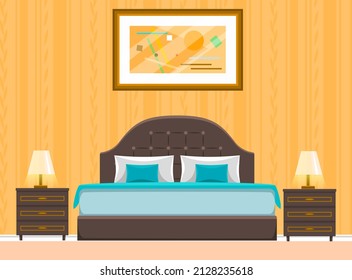 Double Wooden Bed In Flat Design For Bedroom, Hotel Room. Cartoon Furniture Icon Isolated On White Background. Animated House Equipment. Bedroom Interior Element. Bed With Sheet, Pillows And Blanket