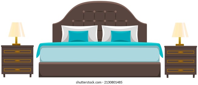 Double Wooden Bed In Flat Design For Bedroom, Hotel Room. Cartoon Furniture Icon Isolated On White Background. Animated House Equipment. Bedroom Interior Element. Bed With Sheet, Pillows And Blanket