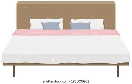 Doppelbett aus Holz mit Bettwäsche, Kissen und Decken. Innenausstattung der Schlafzimmer, Hausausstattung