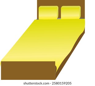 Double wooden bed with yellow pillows and yellow bedspread. Illustration double wooden bed