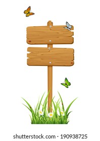 Double wooden sign in a grass with butterflies isolated on white background, illustration.