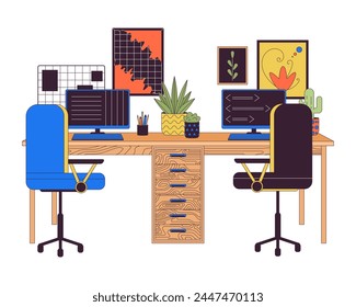 Double workplace with computers 2D linear cartoon objects. Comfortable office furniture isolated line vector elements white background. Workspace arrangement color flat spot illustration
