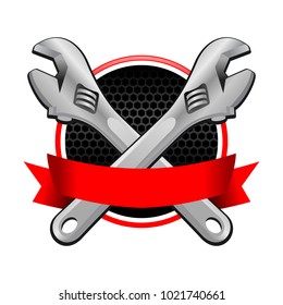 Double Wrench Cross Garage Emblem With Red Colored Ribbon Vector Object Graphic Illustration Design