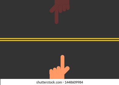 Double yellow lines between finger pointing hands