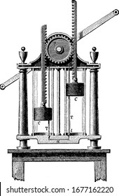 Double-barreled Air-pump in which two weight in a separate tubes are attached with a teethed wheel. Used primarily for scientific research, and had the ability to create a vacuum, vintage line drawing