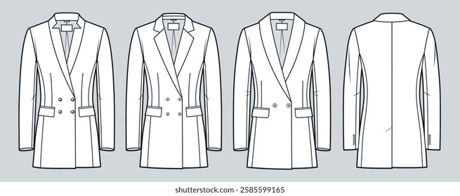 Double-Breasted Blazer Technical Fashion Illustration. Classic Jackets fashion flat technical drawing template, front and back view, white, button up, women, men, unisex CAD mockup set.