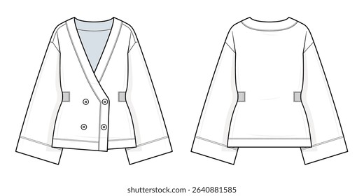 Double-Breasted Blazer Technical Fashion Illustration. Women’s Jacket Vector Template. Front and Back View. Wide Lapel Collar. Rib-Knit Side Panels.  Long Sleeves. Classic Length. CAD Mockup set.