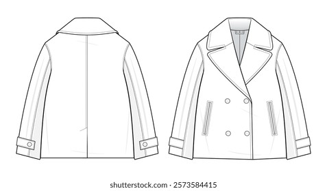 Double-Breasted Coat Technical Fashion Illustration. Notched Lapel Coat with Adjustable Snap-Tab Cuffs Vector Template. Front and Back View. Regular Fit. Women’s Wear. CAD Mockup.