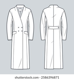 Double-Breasted Coat Technical Fashion Illustration. Long Coat fashion flat technical drawing template, midi, pockets, back slit, belt detail, front and back view, white, women, men, unisex CAD mockup