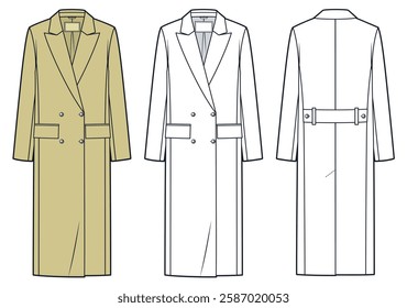 Double-Breasted Coat Technical Fashion Illustration. Long Coat fashion flat technical drawing template, pockets, back slit, belt detail, front, back view, white, beige, women, men, unisex CAD mockup.