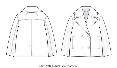 Double-Breasted Peacoat Technical Fashion Illustration. Double-Breasted Jacket with Notched Lapel Collar Vector Template. Front and Back View. Tailored Fit. Welt Pockets. Women’s Wear. CAD Mockup.