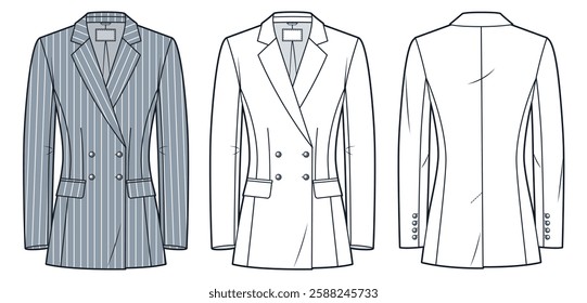 Double-Breasted Striped Blazer Technical Fashion Illustration. Classic Jacket fashion flat technical drawing template, tailored fit; front and back view, white, grey, women, men, unisex CAD mockup set