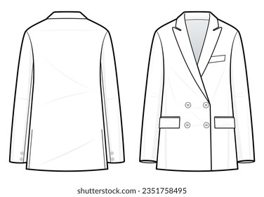 Double-breasted suit fashion flat technical drawing template. Double-breasted coat vector template illustration. front and back view. women's jacket, white colour. CAD mockup.