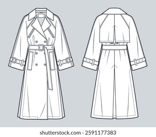 Double-breasted Trench Coat Technical Fashion Illustration. Raglan Sleeve Coat fashion flat technical drawing template, wide sleeves, belt, front and back view, white, women, men, unisex CAD mockup.