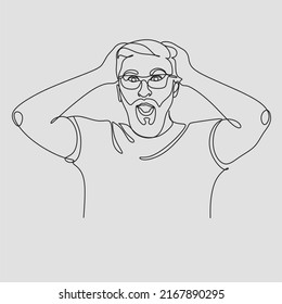 The doubled man in glasses raised his hands to his head. business single line drawing