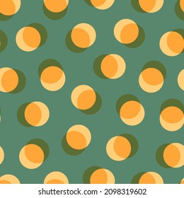 Doubled polka dot seamless repeat pattern background. Random placed, vector round geometrical shapes all over surface print in jade green and yellow.