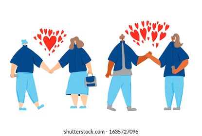 Double-date concept. Two couple of young people holding hands each other isolated on white background. Romantic relationship event. Valentines Day. Vector flat illustration.