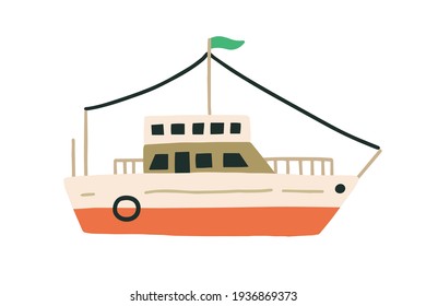 Double-deck ship with flag in Scandinavian style. Sea passenger transport or fishing vessel. Colored flat vector illustration isolated on white background